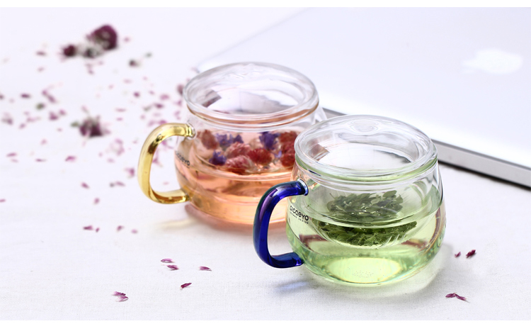 品茶忆友 二代圆趣杯 耐热玻璃杯花茶杯p-03保温办公杯过滤泡茶杯 三件杯玻璃茶杯 平盖黄把圆趣