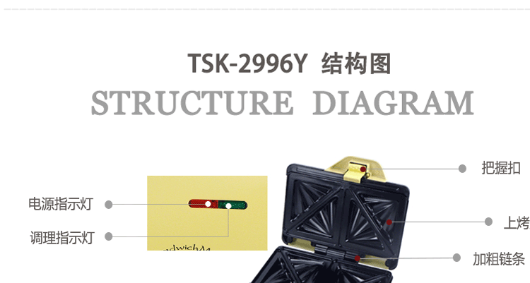 灿坤 TSK2996Y家用三明治机不粘多功能烤面包早餐机  双面加热烤盘飞碟三明治早餐机