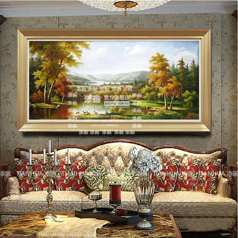 
                                        添画（TIANHUA） 添画 客厅风景山水手绘油画欧式风格沙发顶挂画装饰画 暗金画框 70*140CM                