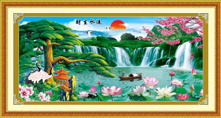新款钻石画贴钻十字绣流水生财迎客松5D魔方钻圆钻客厅风景钻石绣 魔方圆钻167*83cm山水天空不贴