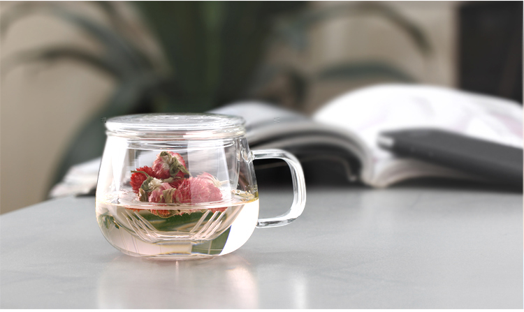 品茶忆友 二代圆趣杯 耐热玻璃杯花茶杯p-03保温办公杯过滤泡茶杯 三件杯玻璃茶杯 平盖黄把圆趣