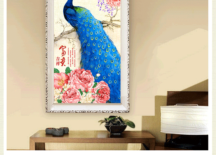 悠趣 富贵吉祥孔雀 魔方钻 手工钻石画贴钻 牡丹花开 走廊过道装饰挂画 小版40x70CM