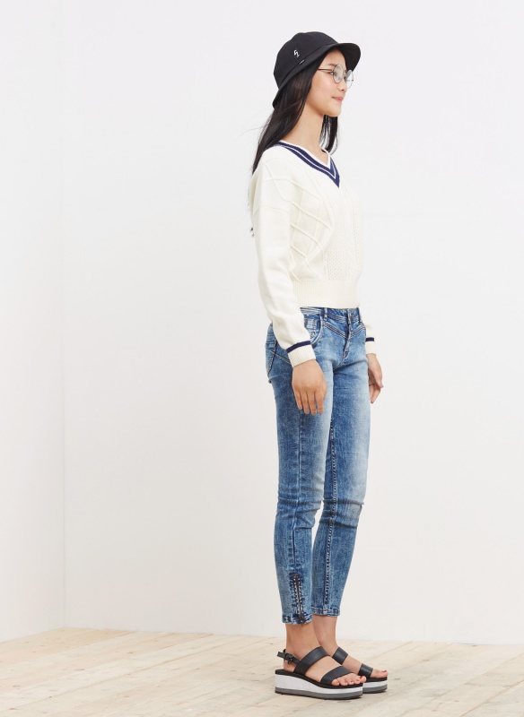 美特斯邦威2015秋装新款女装学院绞花毛衣228520 XZ 深海蓝 155/80A