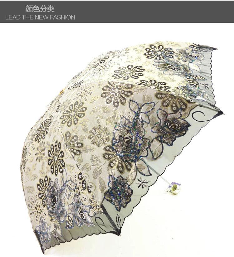 天堂伞 新品樱花若素丝印绣花三折叠女防风防晒绣花太阳伞淑女晴雨伞贴纱绣花遮阳伞df 冰心蓝