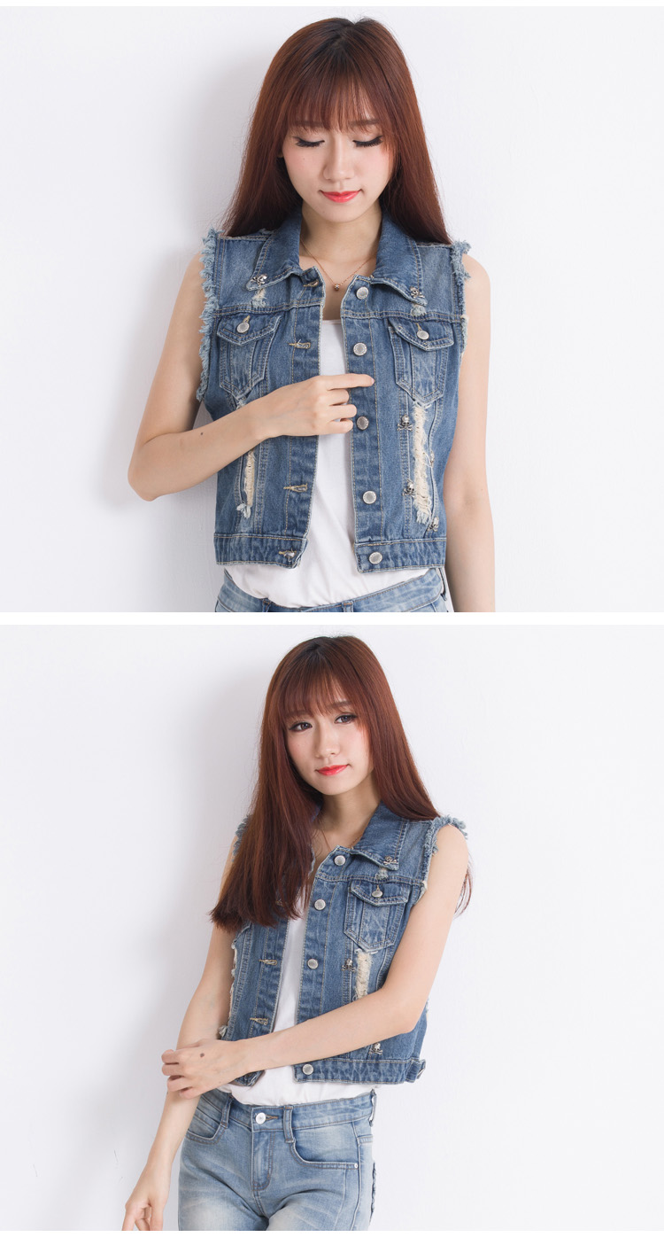 艾莱度 2015破洞牛仔韩版大码上衣马夹背心无袖外套潮N508-C-382 蓝色 XL