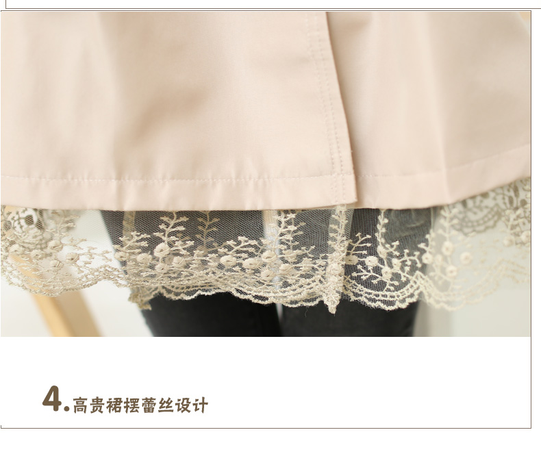 简宜雅 2015秋装韩版修身长袖蕾丝花边双排扣中长款风衣外套女 军绿色 XXL