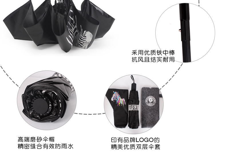 蒲公英小黑伞遇水变色斑马太阳伞男女超轻折叠加强防晒防紫外线黑胶遮阳伞便携式三折礼品伞 黑色斑马