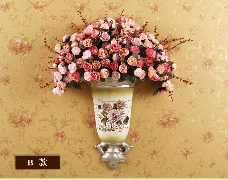 
                                        欧式陶瓷壁挂花瓶花插壁饰墙饰田园家居墙壁装饰品客厅背景墙挂饰ZYY H款花瓶带花                