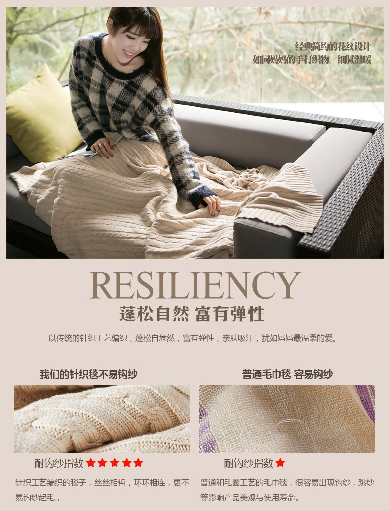飒暖姿纯棉针织毯针织被 毛毯盖毯子车用休闲毯子披肩线毯田园风情系列毛巾被毯 灰色 180*200cm(2.7斤)