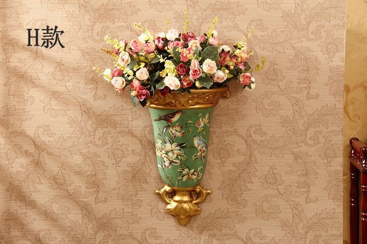 
                                        欧式陶瓷壁挂花瓶花插壁饰墙饰田园家居墙壁装饰品客厅背景墙挂饰ZYY H款花瓶带花                