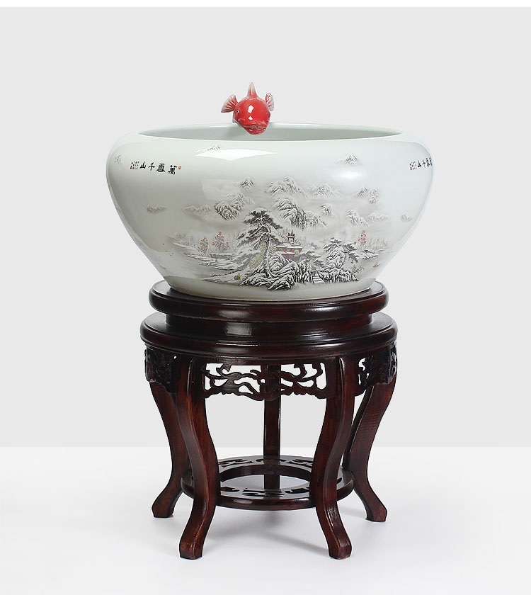 
                                        养荷花 水箱族包邮 景德镇陶瓷金鱼缸  手绘清荷过滤喷水风水乌龟缸 榆木底座风水摆件 D款                