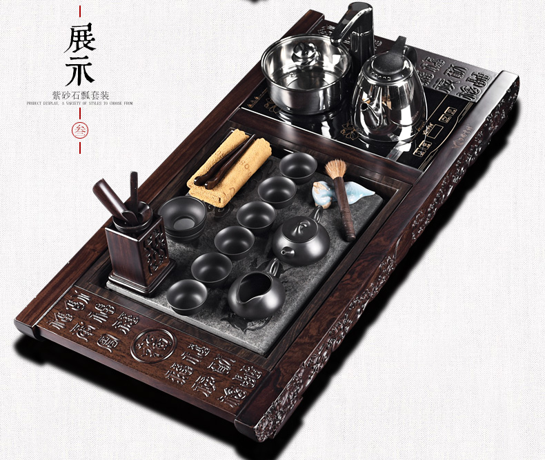 尚言坊边雕黑檀木乌金石茶盘实木整套紫砂汝窑哥窑茶具套装四合一 黑檀木万家福(马车)四合一君子兰(绿)龙珠壶