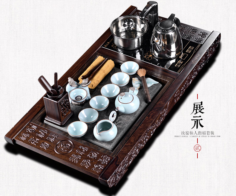 尚言坊边雕黑檀木乌金石茶盘实木整套紫砂汝窑哥窑茶具套装四合一 黑檀木万家福(马车)四合一君子兰(绿)龙珠壶