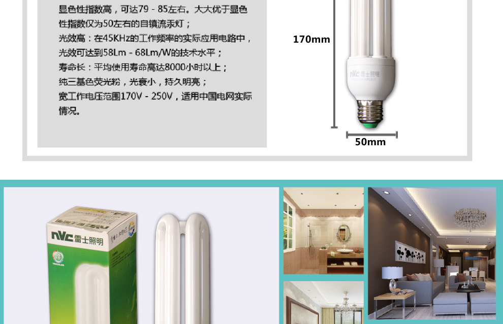 雷士(NVC)节能灯E27大口24W3U黄光（十支装）
