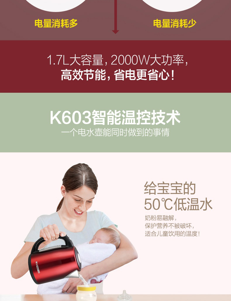 北鼎(BUYDEEM) 调温数码水煲K603 304不锈钢多彩1.7升 智能电水壶红色