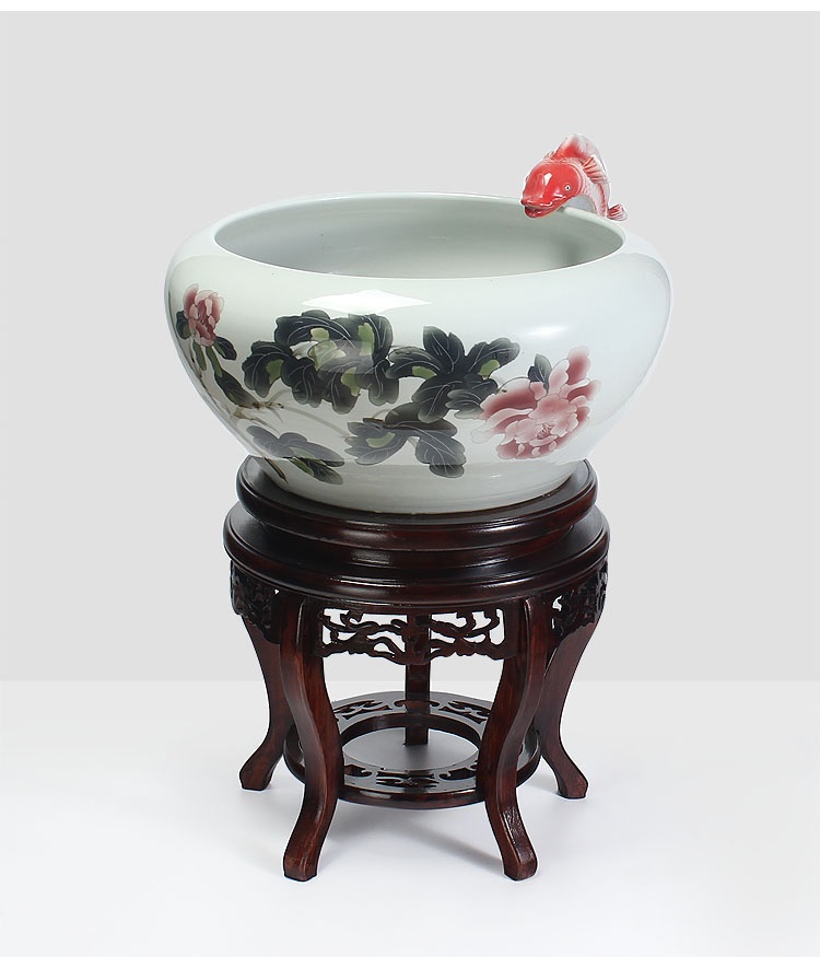 
                                        养荷花 水箱族包邮 景德镇陶瓷金鱼缸  手绘清荷过滤喷水风水乌龟缸 榆木底座风水摆件 D款                