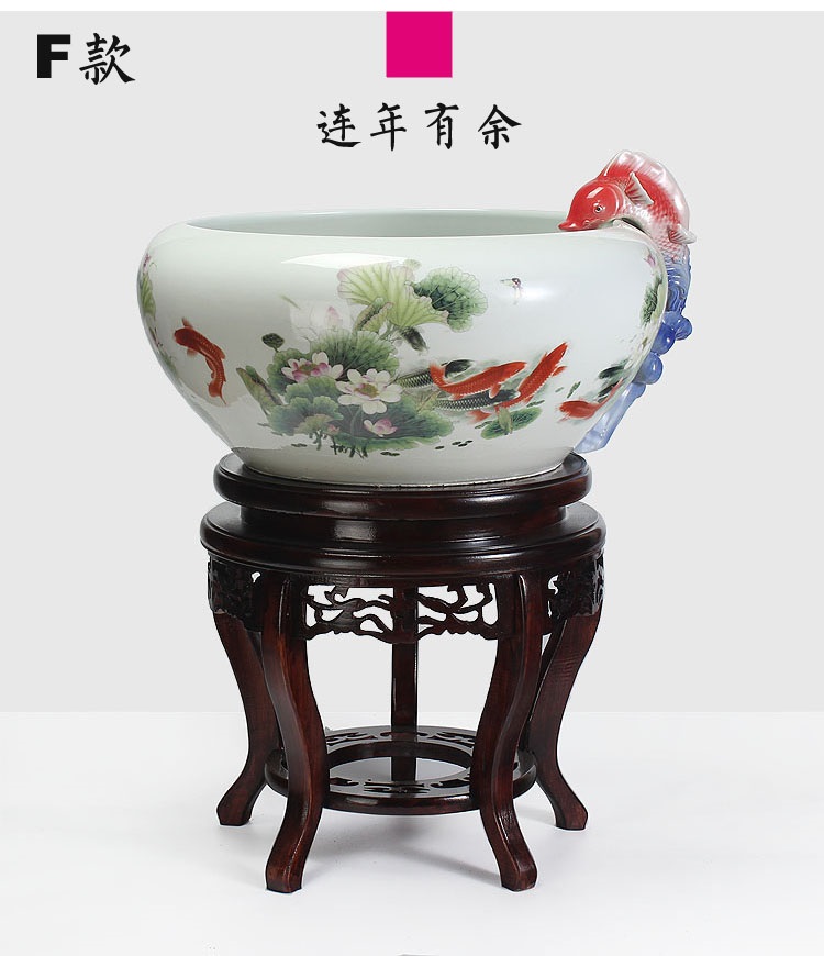 
                                        养荷花 水箱族包邮 景德镇陶瓷金鱼缸  手绘清荷过滤喷水风水乌龟缸 榆木底座风水摆件 D款                