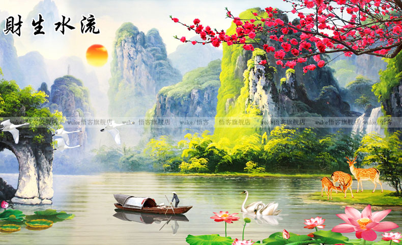 
                                        悟客WUKE 印花十字绣迎客松流水生财2米 新款客厅山水画风景系列2.5米套件旭日东升 2米盒装 高清印花 丝线                