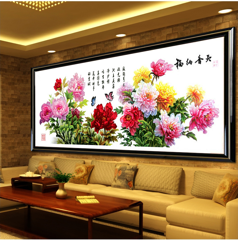梦雅莉 印花十字绣天香纳福 十字绣牡丹花花开富贵图客厅风景2米图 9CT大格-四股绣-丝线款233*84cm