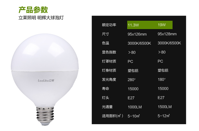 立莱 led灯泡e27大螺口球形护眼大球泡大功率节能灯具 19W 白光