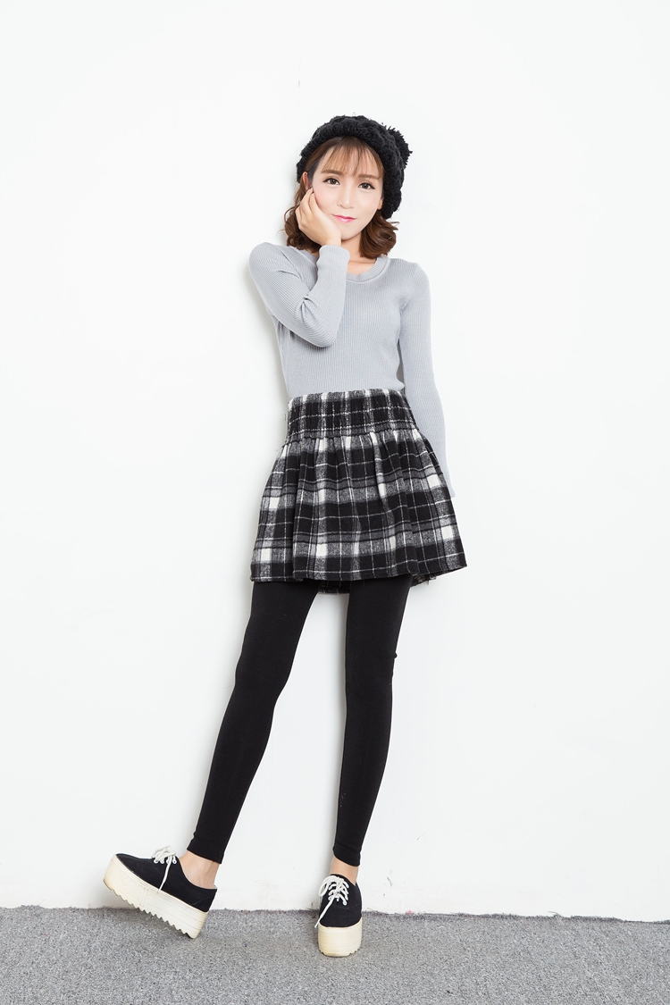 娇女坊  2015秋冬季新款假两件加绒加厚打底格子短裙修身紧身长裤裙裤女 红色 均码