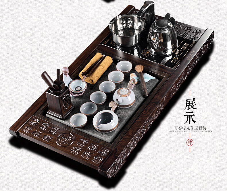 尚言坊边雕黑檀木乌金石茶盘实木整套紫砂汝窑哥窑茶具套装四合一 黑檀木万家福(马车)四合一君子兰(绿)龙珠壶