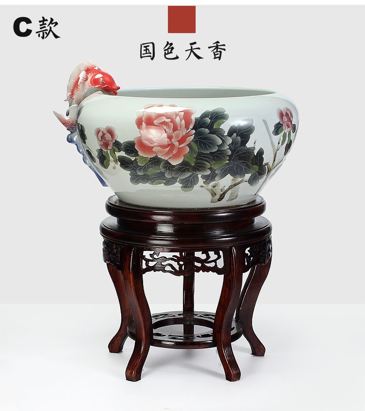 
                                        养荷花 水箱族包邮 景德镇陶瓷金鱼缸  手绘清荷过滤喷水风水乌龟缸 榆木底座风水摆件 D款                