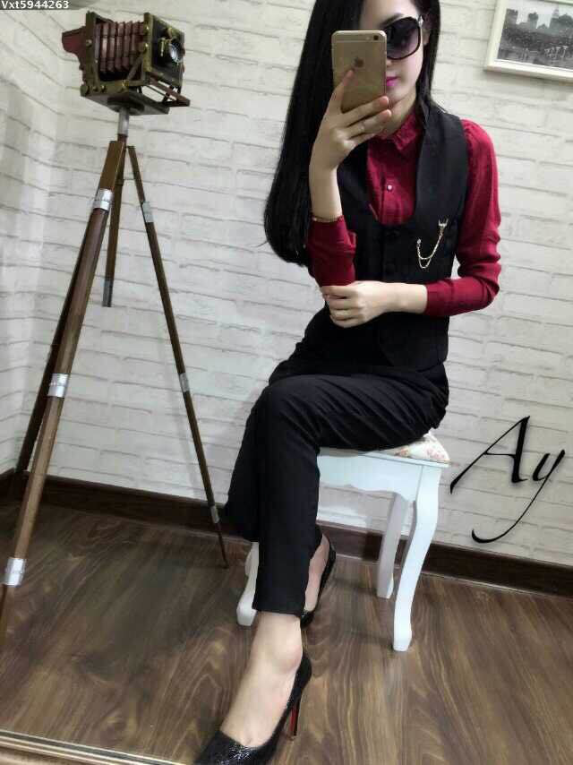 布咪朵2015新款女装时尚修身马甲高腰长裤套装1349T443B 黑色 S