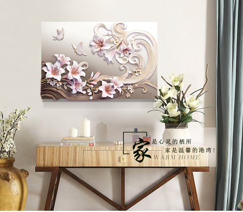 
                                        福雕家饰 现代装饰画 客厅餐厅植物花卉无框画 餐厅走廊壁画 手绘浮雕画 春之百合香 咖色 64.5*42.5                