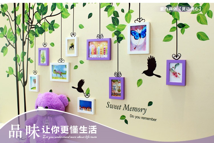 子轩TF630T绿林飞鸟墙贴配简约实木照片墙 厂家直销 绿白两色灵动画心