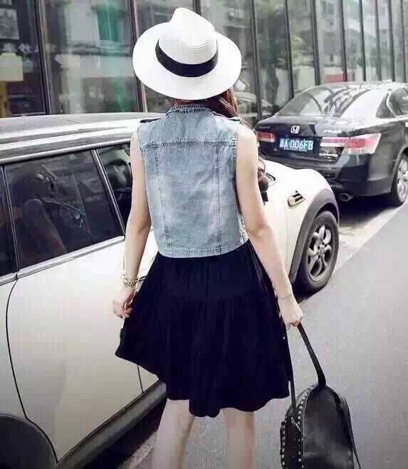 曼可娜 2015新款潮范 欧美街款牛仔马甲8993# 图片色 L