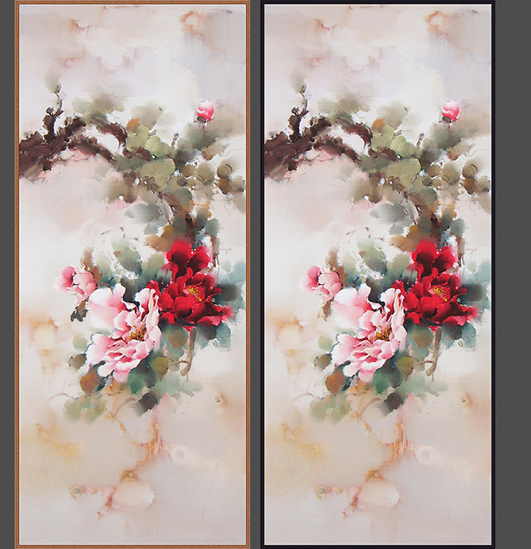 天顶山 中式客厅装饰画现代油画沙发背景墙挂画玄关壁画牡丹花卉 简约画框+手工装裱+简约现代 50x120cm