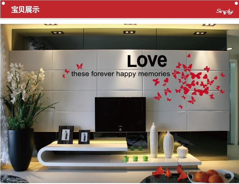 
                                        棉呆呆 亚克力水晶立体墙贴画特大卧室客厅电视背景墙贴纸镜面3d装饰墙饰 黑色红蝶 中-150*69cm                