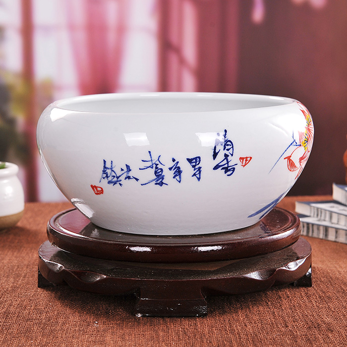 
                                                            景烨景德镇工艺品陶瓷器鱼缸水仙花盆家居饰品客厅艺术品摆件 墨绿睡莲 大号肚径42高18                
