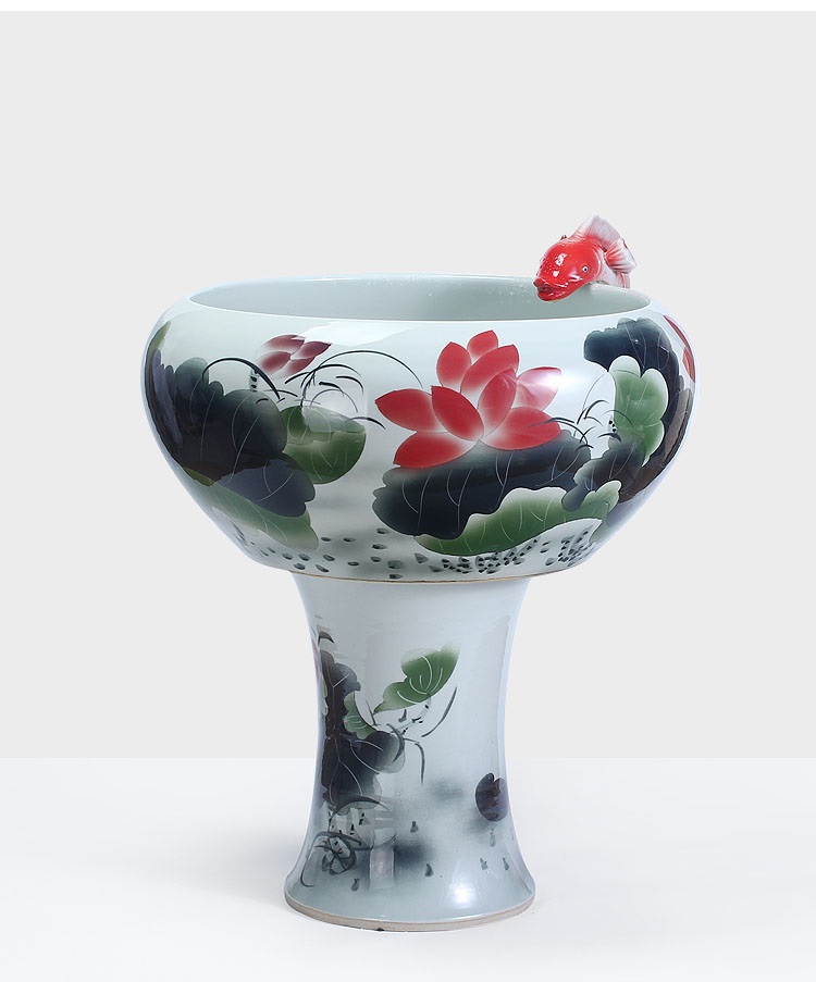 
                                        养荷花 水箱族包邮 景德镇陶瓷金鱼缸  手绘清荷过滤喷水风水乌龟缸 榆木底座风水摆件 D款                