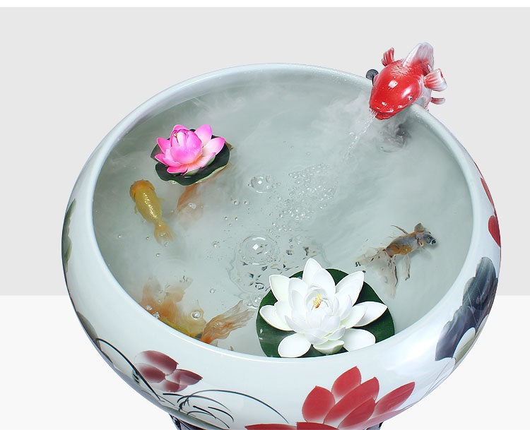 
                                        养荷花 水箱族包邮 景德镇陶瓷金鱼缸  手绘清荷过滤喷水风水乌龟缸 榆木底座风水摆件 D款                