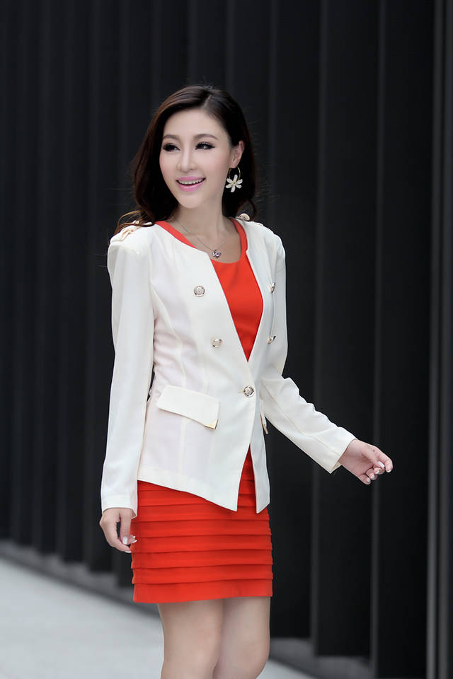 优卡曼      春秋装 女装 韩版修身无领OL金属装饰长袖小西装 西服203 米白色 L