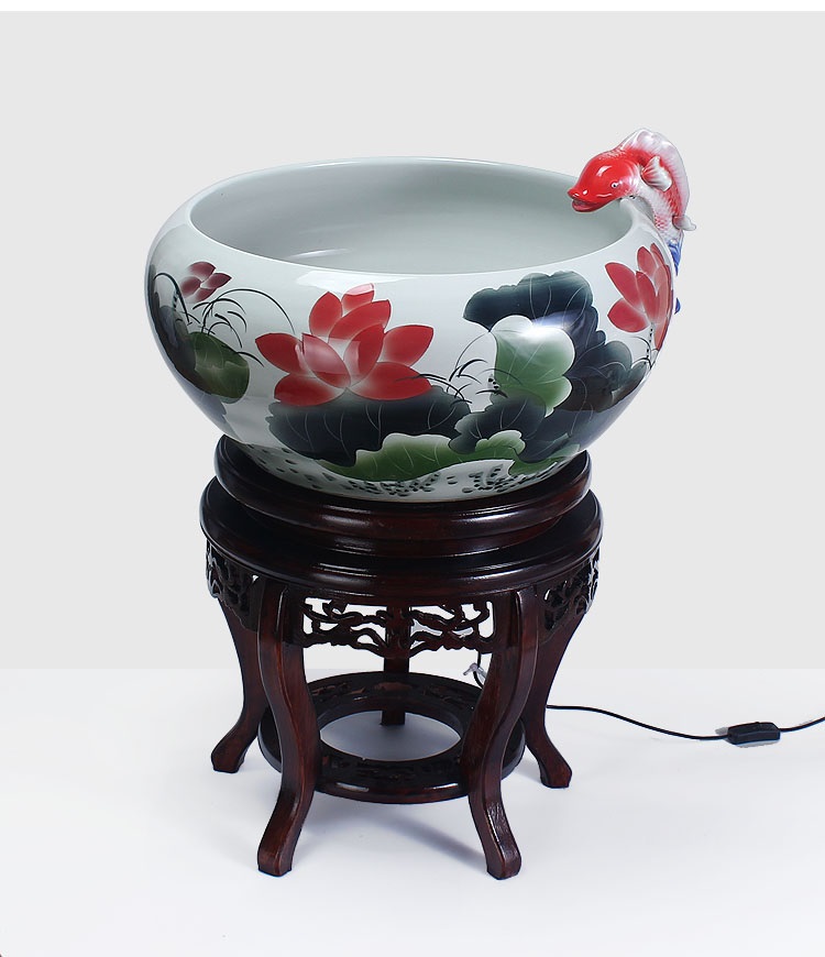 
                                        养荷花 水箱族包邮 景德镇陶瓷金鱼缸  手绘清荷过滤喷水风水乌龟缸 榆木底座风水摆件 D款                