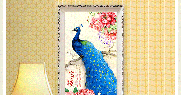 悠趣 富贵吉祥孔雀 魔方钻 手工钻石画贴钻 牡丹花开 走廊过道装饰挂画 小版40x70CM