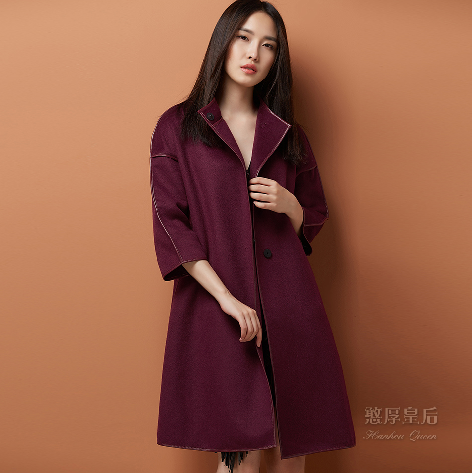 憨厚皇后 2015秋冬新款 双面羊毛大衣 女长款风衣 毛呢外套 韩范 枣红 M