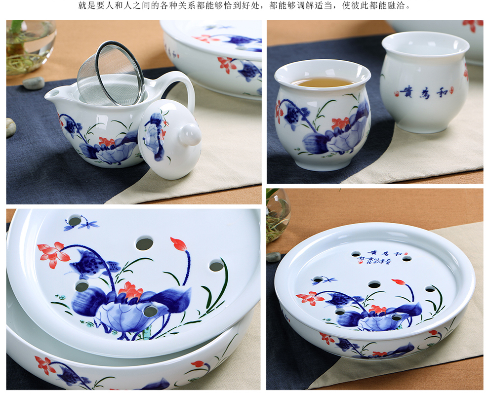 闽毓 茶具套装特价促销 双层陶瓷功夫茶具套装促销带茶盘隔热 水点桃花