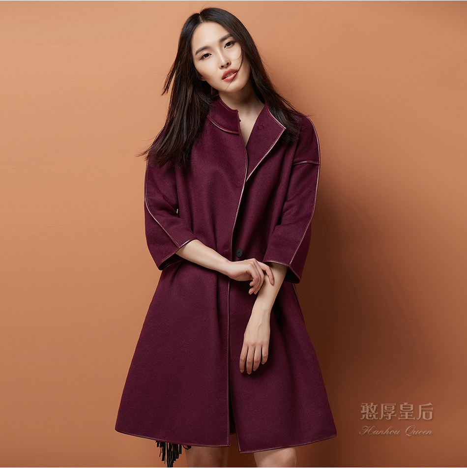 憨厚皇后 2015秋冬新款 双面羊毛大衣 女长款风衣 毛呢外套 韩范 枣红 M