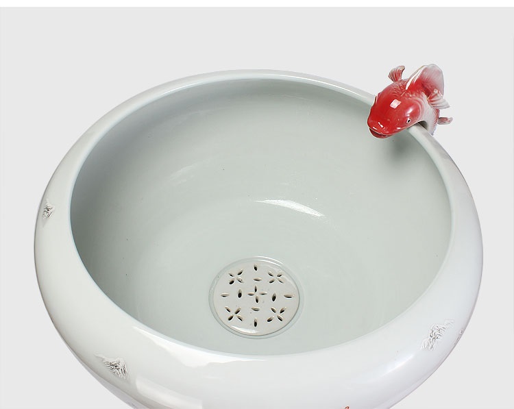 
                                        养荷花 水箱族包邮 景德镇陶瓷金鱼缸  手绘清荷过滤喷水风水乌龟缸 榆木底座风水摆件 D款                