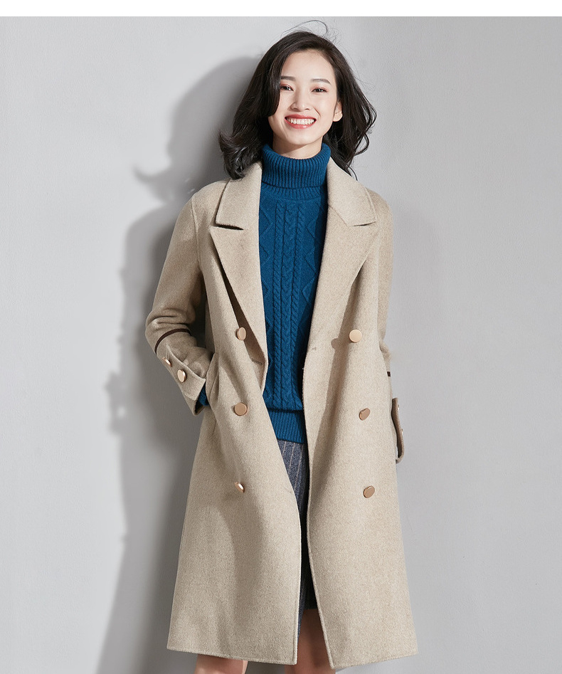 呢大衣女2017新款中长款秋冬款双排扣翻领呢子外套 13220 深燕麦色 l