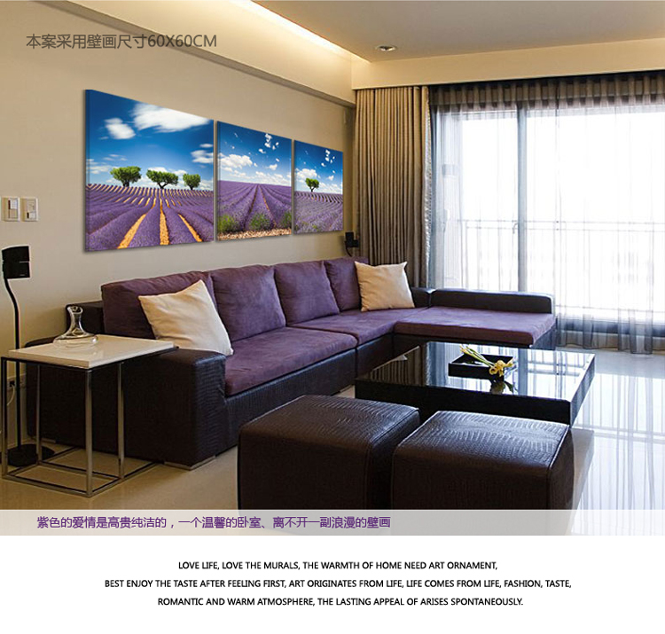 
                                        必画 中画家居 现代薰衣草花海无框画三联墙面装饰画客厅挂画床头画 一套三幅 9mm厚50*50cm 布纹膜                