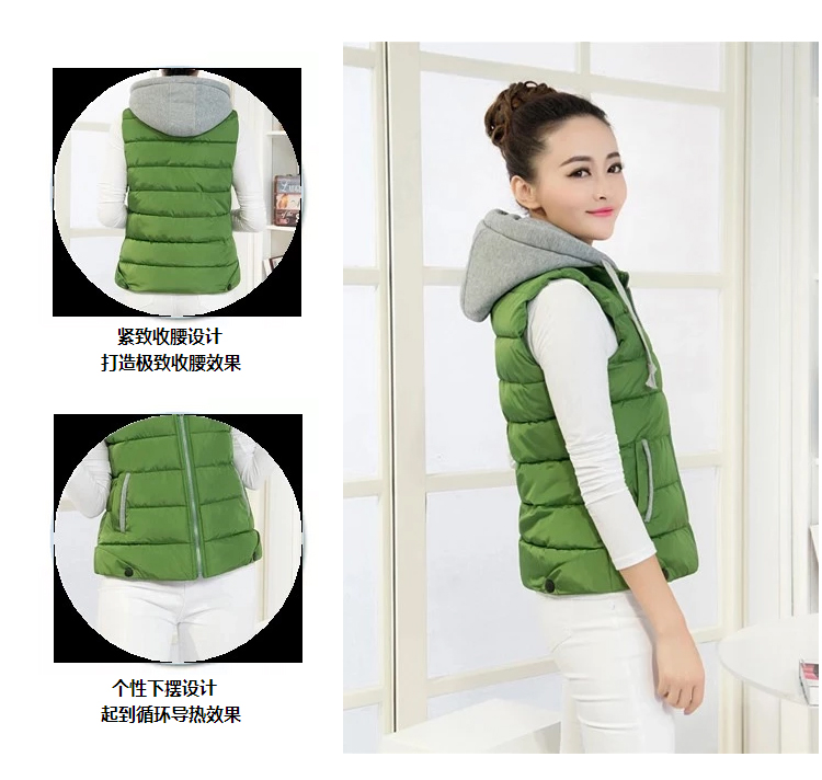 viewaken2015秋冬新款韩版修身棉服连帽马甲 中长款棉衣背心女 粉色 XXXL