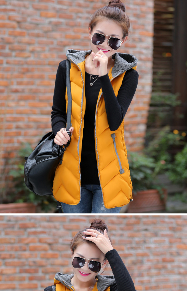 伊蔓潮 中长款2015秋冬新款羽绒服 连帽外套马夹 背心马甲女潮Q8787 黄色 XL