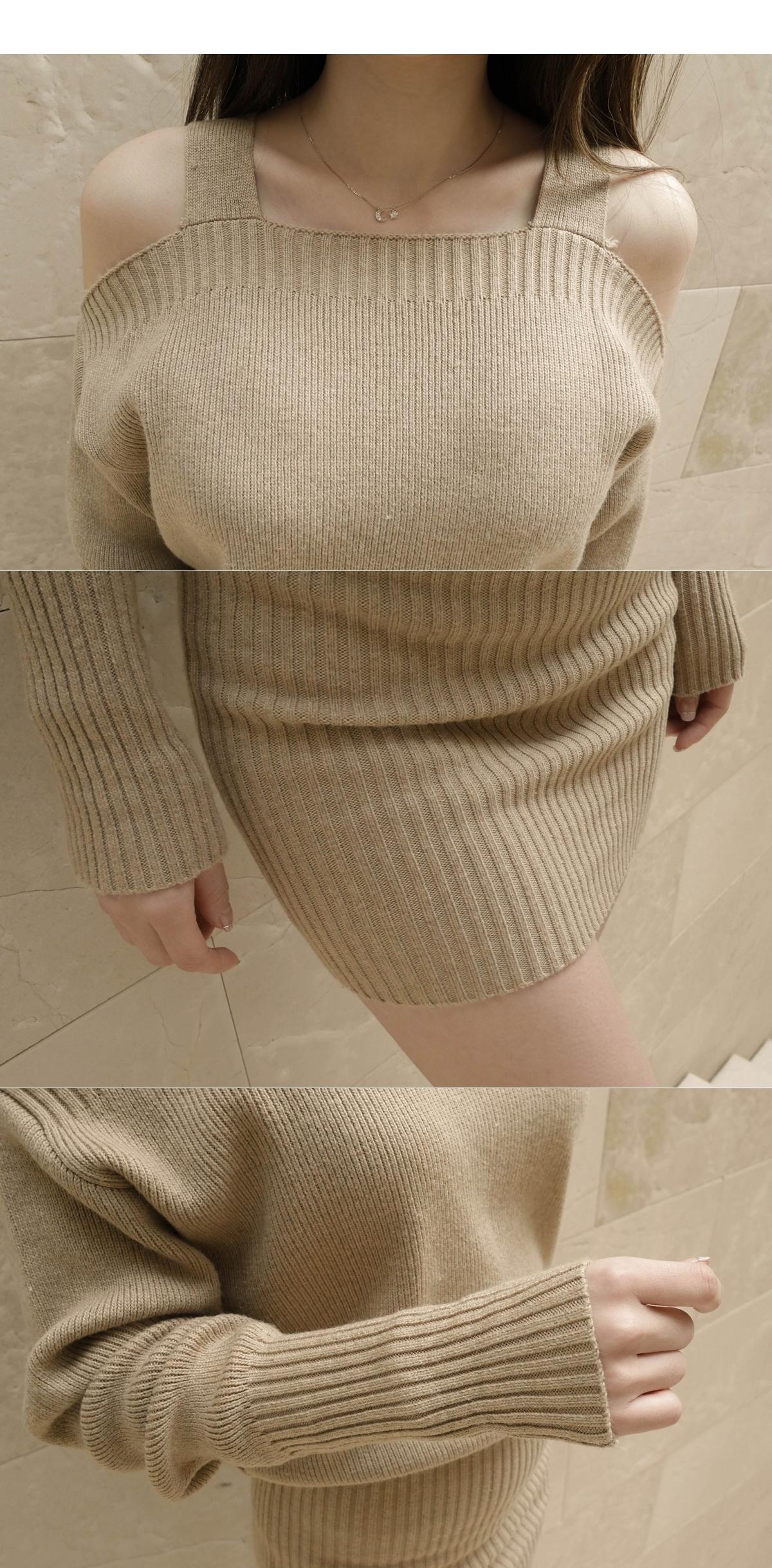 清露晨流2015毛衣时尚性感漏洞露肩吊带修身针织毛衣裙连衣裙5988