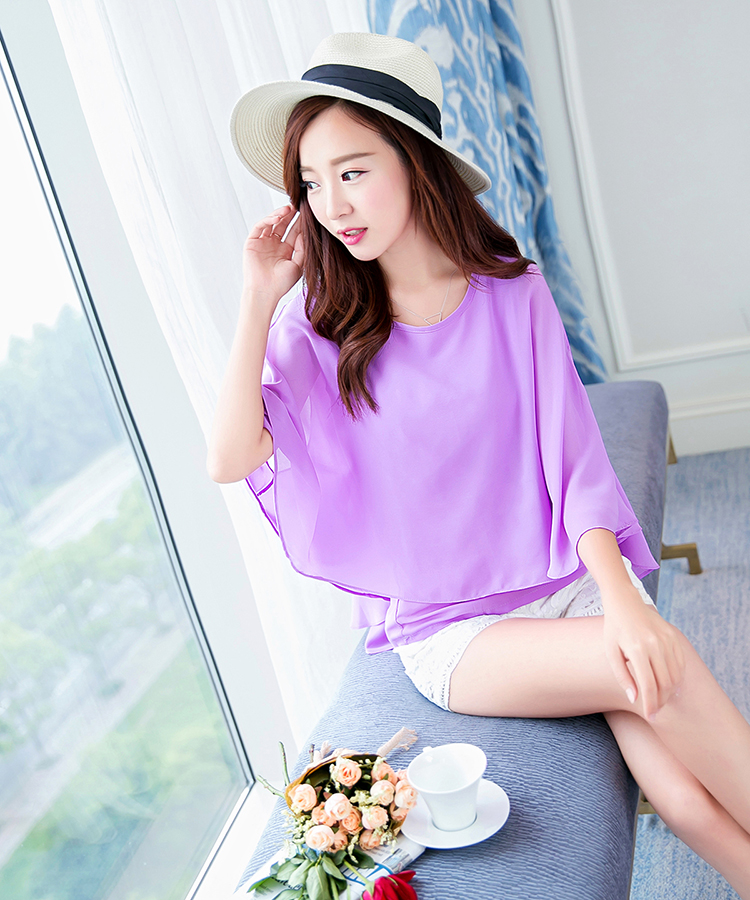 佩丝娜.2015新款夏季修身短袖雪纺衫上衣无袖打底蝙蝠衫大码女装 粉红色 S