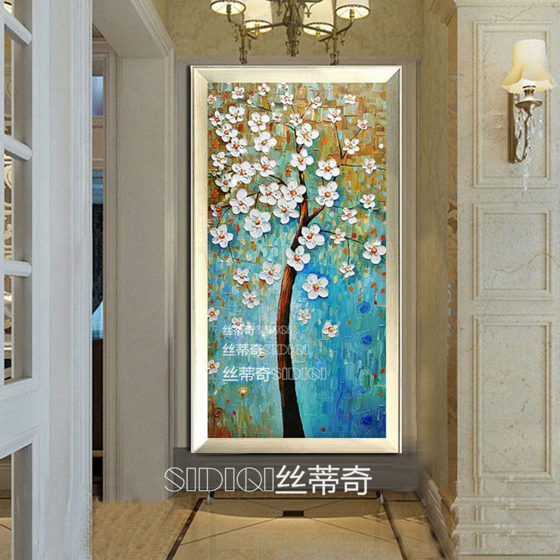 
                                        丝蒂奇SIDIQI手绘欧式玄关油画现代家居挂画走廊时尚有框装饰画 抽象竖版壁画发财树 欧式雕花金外框 宽80*高150                